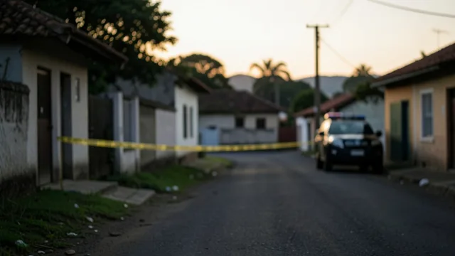 Imagem gerada por IA: Rua residencial em Alegrete isolada pela polícia após um crime violento.