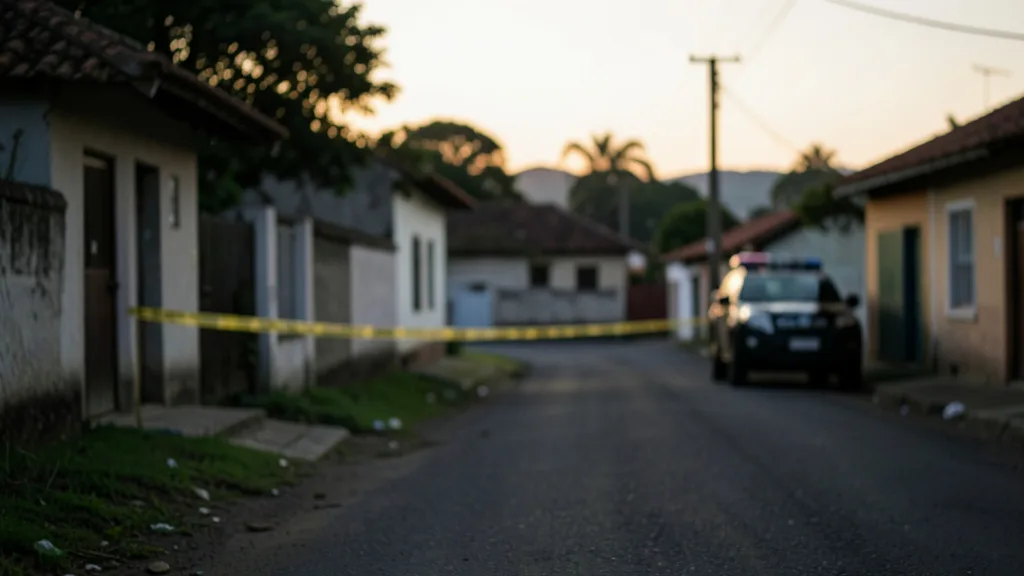 Imagem gerada por IA: Rua residencial em Alegrete isolada pela polícia após um crime violento.