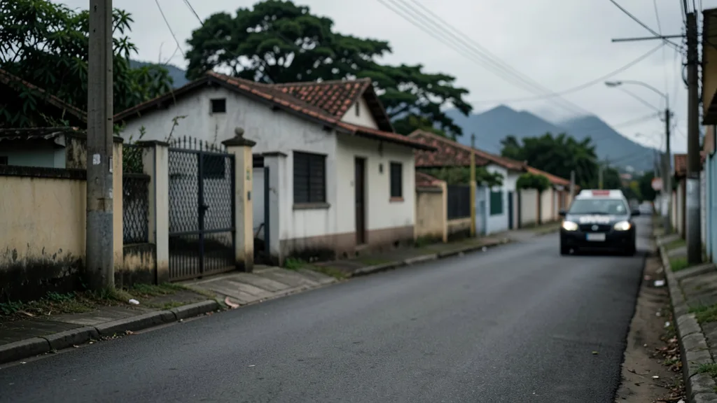 Imagem gerada por IA: Casa em uma rua residencial de Búzios, com uma viatura policial desfocada ao fundo.