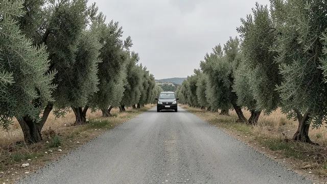 Imagem gerada por IA: Estrada rural entre oliveiras na aldeia de Taybeh, na Cisjordânia.