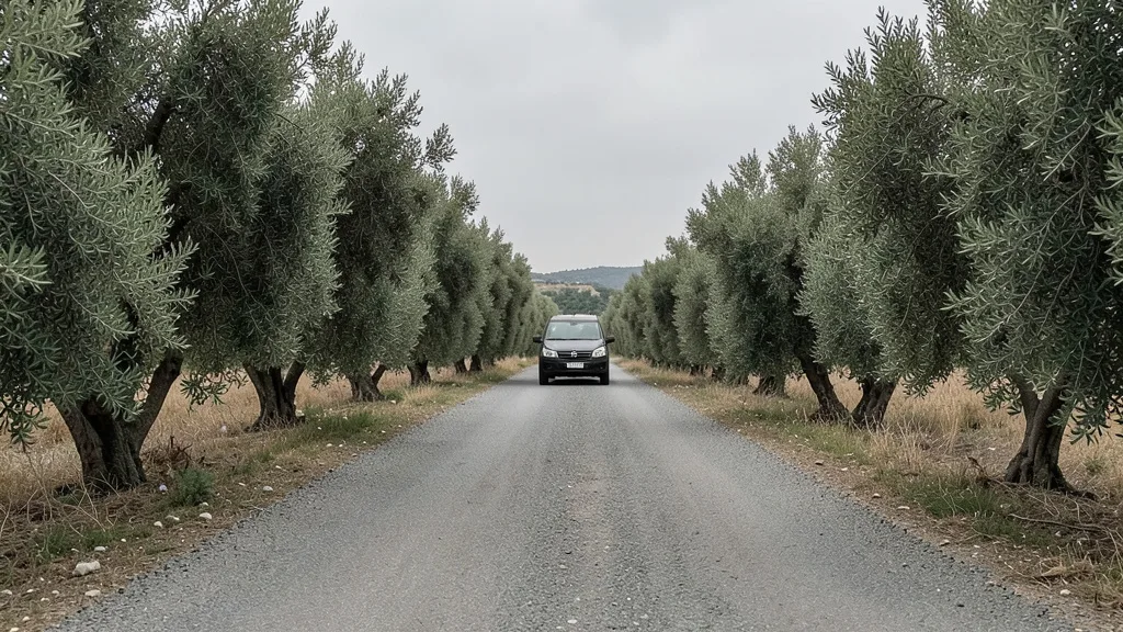 Imagem gerada por IA: Estrada rural entre oliveiras na aldeia de Taybeh, na Cisjordânia.