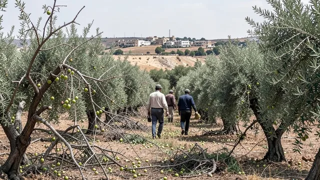 Imagem gerada por IA: Oliveiras e trabalhadores durante a colheita em um vilarejo da Cisjordânia.