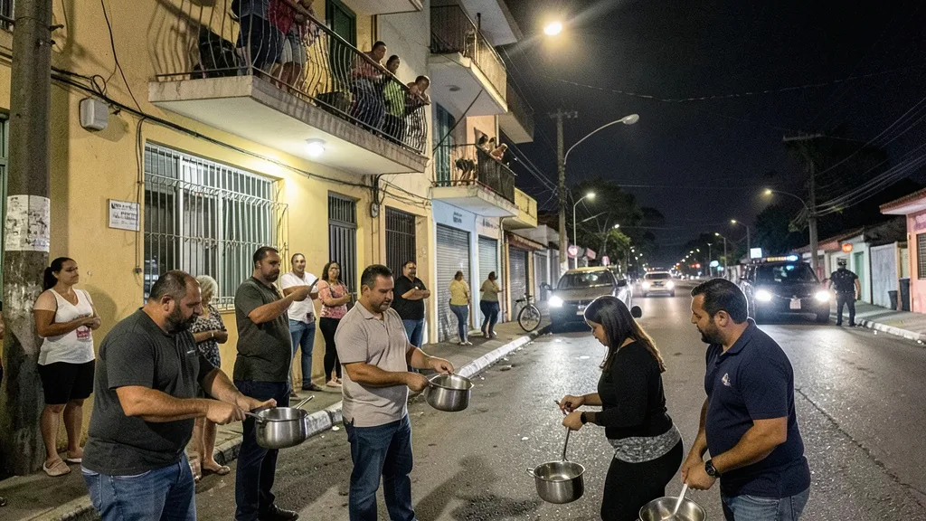 Imagem gerada por IA: Manifestantes batem panelas à noite diante de um prédio residencial, com viaturas ao fundo.
