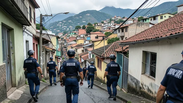Imagem gerada por IA: Policiais circulam por uma rua de bairro durante uma operação no Rio de Janeiro.