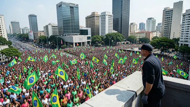 Imagem gerada por IA: Multidão em ato na Avenida Paulista e agente de segurança em um prédio ao fundo.