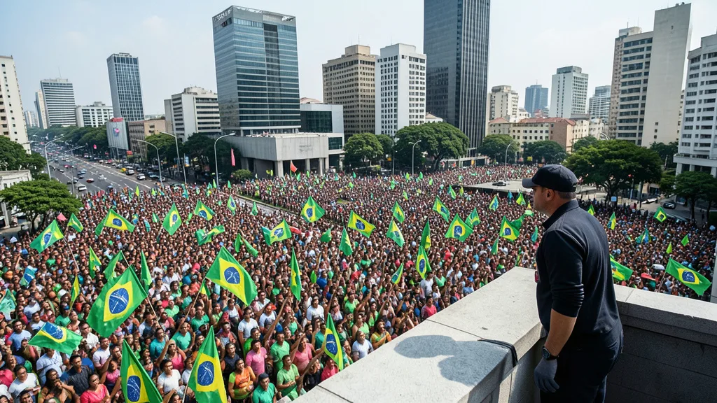 Imagem gerada por IA: Multidão em ato na Avenida Paulista e agente de segurança em um prédio ao fundo.