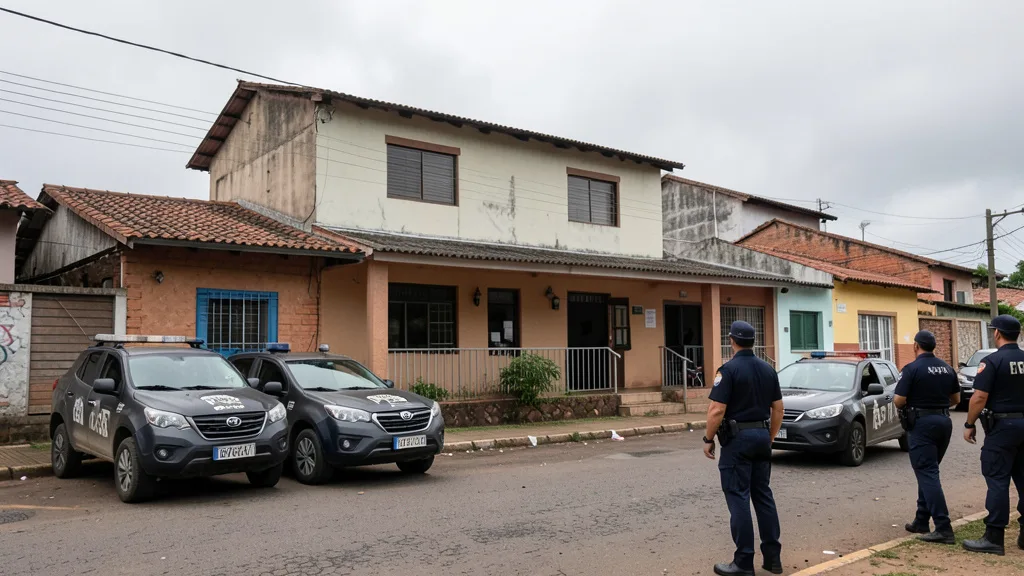 Imagem gerada por IA: Hotel em uma cidade do litoral gaúcho com viaturas policiais estacionadas nas proximidades.
