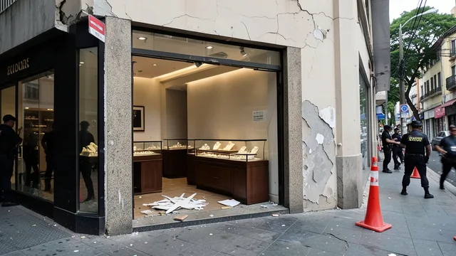 Imagem gerada por IA: Interior revirado de uma joalheria, com parede danificada após furto na Rua Oscar Freire.