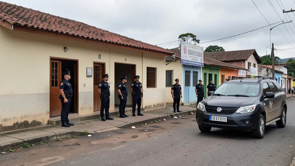 Imagem gerada por IA: Policiais em frente a um hotel durante uma operação no Rio Grande do Sul.
