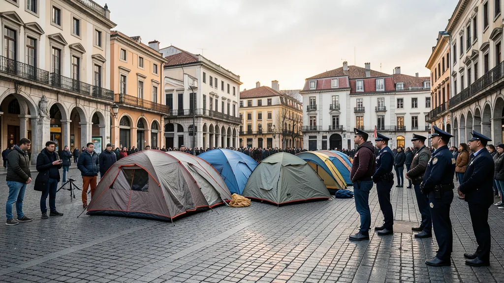 Imagem gerada por IA: Tendas sendo retiradas por policiais em uma praça de Lisboa, enquanto jovens observam.