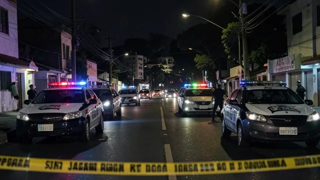Imagem gerada por IA: Rua de Jacarepaguá à noite, com viaturas policiais e fita de isolamento.