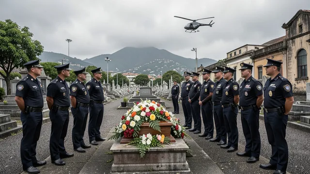 Imagem gerada por IA: Policiais formam um corredor ao lado de um caixão coberto de flores em um cemitério.
