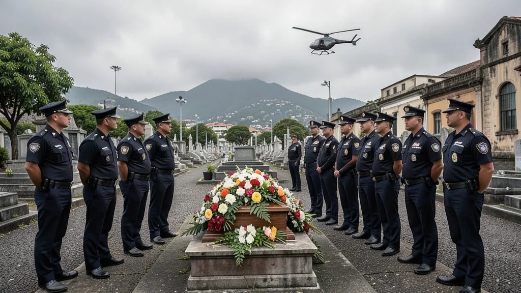 Imagem gerada por IA: Policiais formam um corredor ao lado de um caixão coberto de flores em um cemitério.