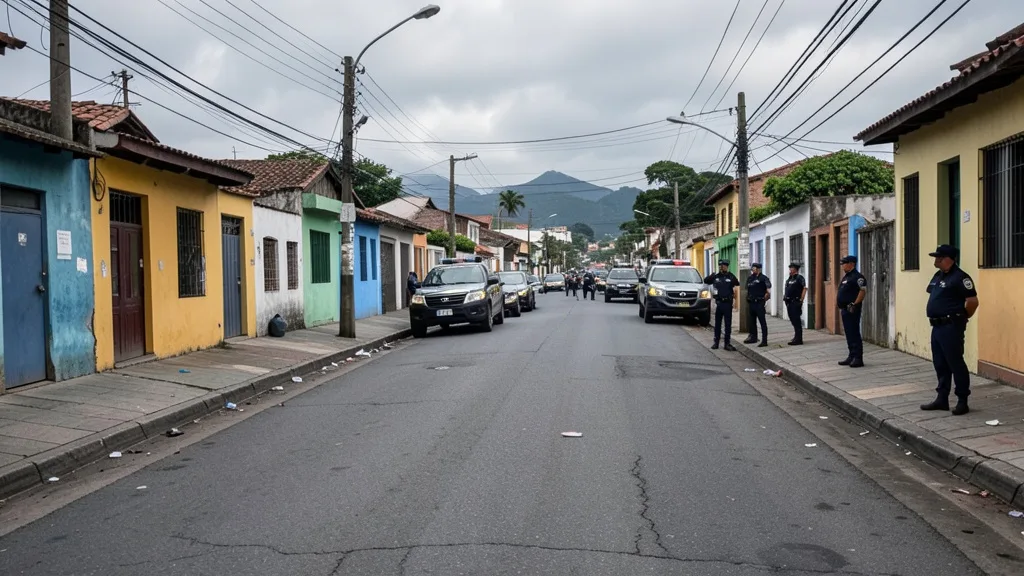 Imagem gerada por IA: Viaturas e policiais em uma rua da Freguesia, em Jacarepaguá.