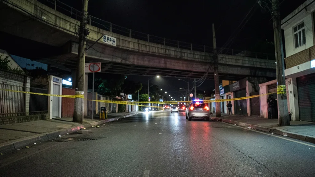 Imagem gerada por IA: Rua de Moema à noite, próxima a uma passarela, com fita de isolamento e luzes policiais ao fundo.