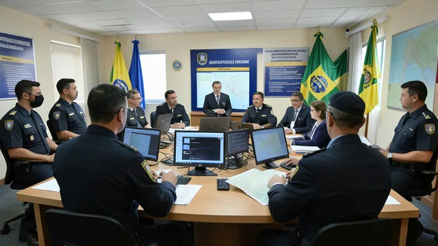 Imagem gerada por IA: Policiais e agentes acompanham informações em um centro de coordenação de segurança eleitoral.