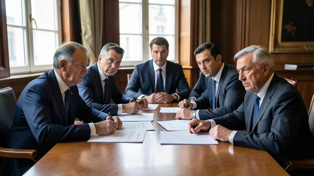 Imagem gerada por IA: Políticos franceses reunidos em torno de uma mesa com documentos em branco.