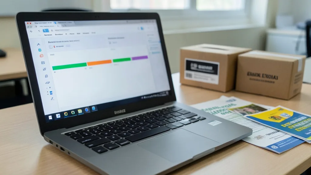 Imagem gerada por IA: Laptop com interface abstrata de mercado preditivo ao lado de materiais eleitorais brasileiros.