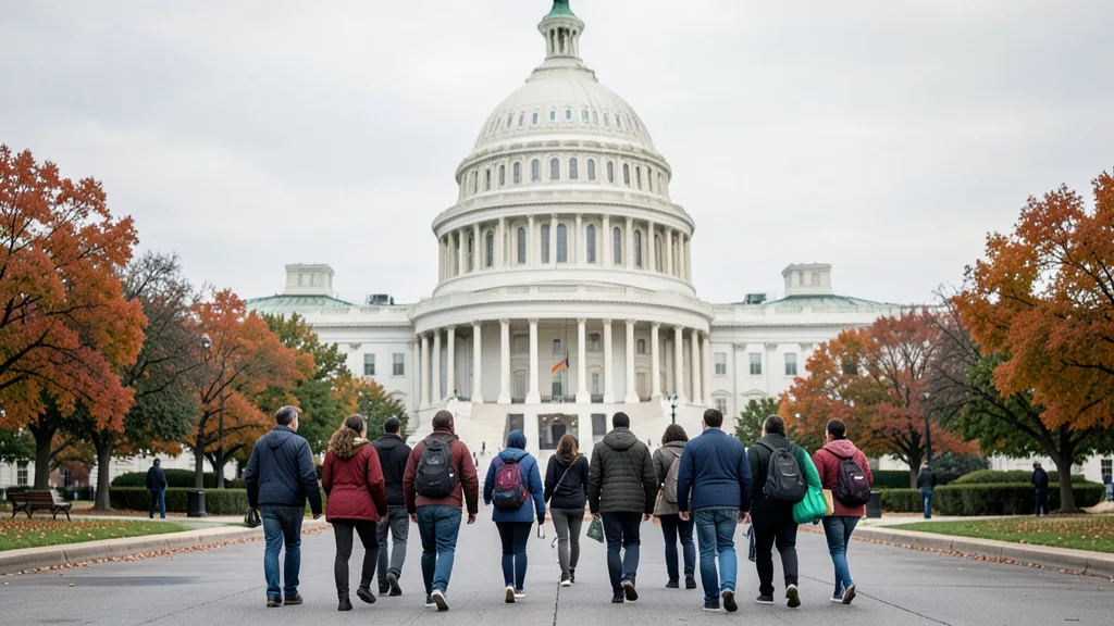 Imagem gerada por IA: Capitólio dos Estados Unidos ao fundo, com eleitores caminhando nas proximidades.