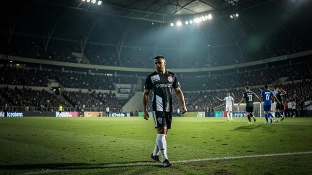 Imagem gerada por IA: Jogador da Ponte Preta caminha abatido pelo campo após a derrota para o Cuiabá.