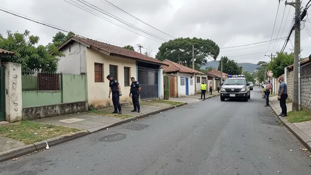 Imagem gerada por IA: Rua residencial em Porto Alegre com viatura policial próxima a uma casa.