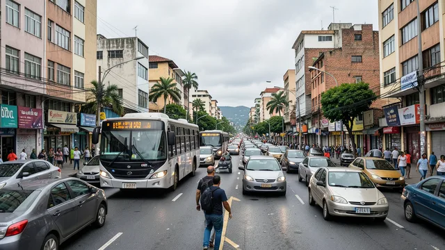 Ônibus, carros e pedestres dividem uma avenida movimentada de Porto Alegre.