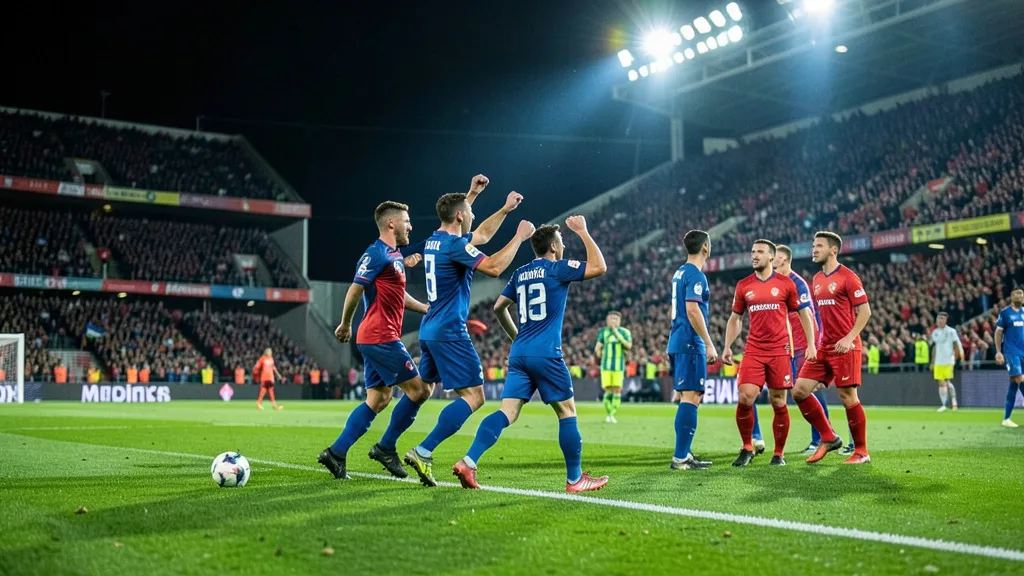 Jogadores de Portugal comemoram um gol durante partida noturna contra a Dinamarca.