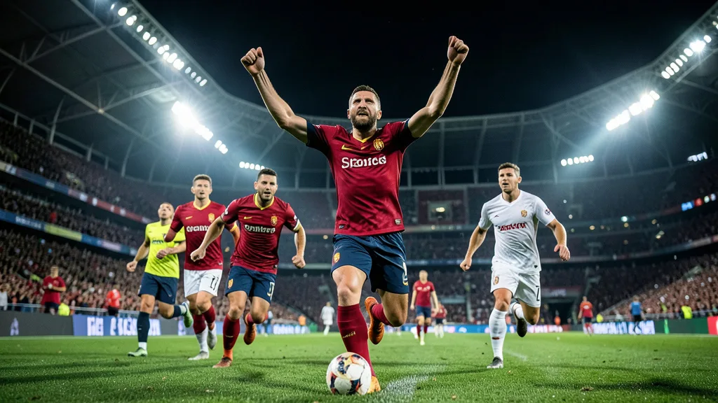 Imagem gerada por IA: Jogadores de Portugal comemoram o gol da vitória contra a Noruega no Estádio do Dragão.