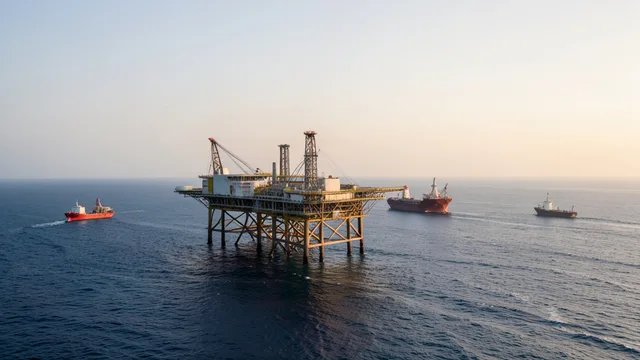 Imagem gerada por IA: Plataforma de petróleo em alto-mar, com embarcações de apoio ao redor.