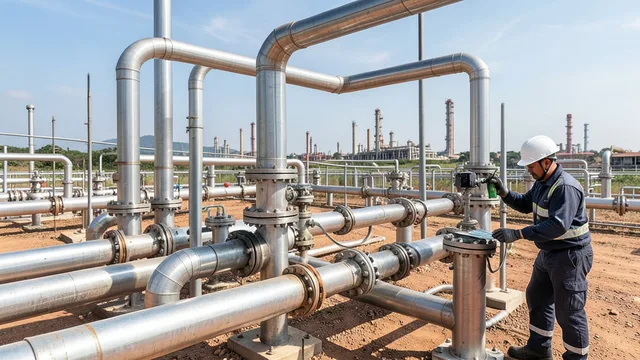 Imagem gerada por IA: Tubulações e equipamentos de uma unidade de processamento de gás natural.