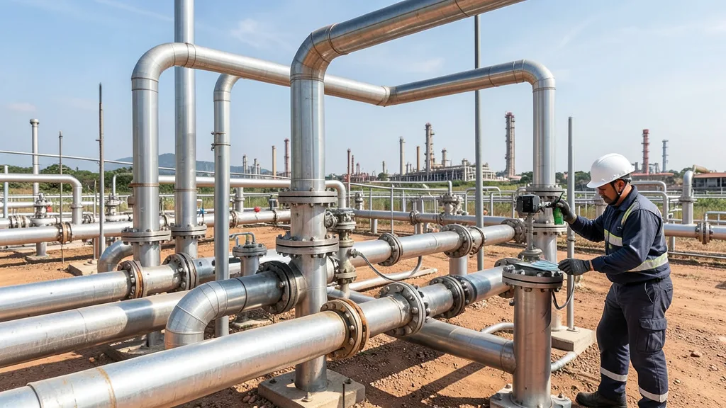 Imagem gerada por IA: Tubulações e equipamentos de uma unidade de processamento de gás natural.