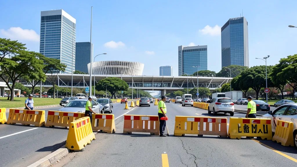 Imagem gerada por IA: Barreiras bloqueiam uma via na Esplanada dos Ministérios, em Brasília.