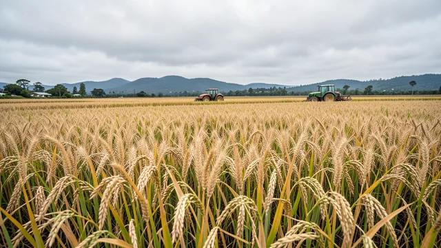 Imagem gerada por IA: Lavoura de trigo e arroz no Rio Grande do Sul, com um trator trabalhando ao fundo.