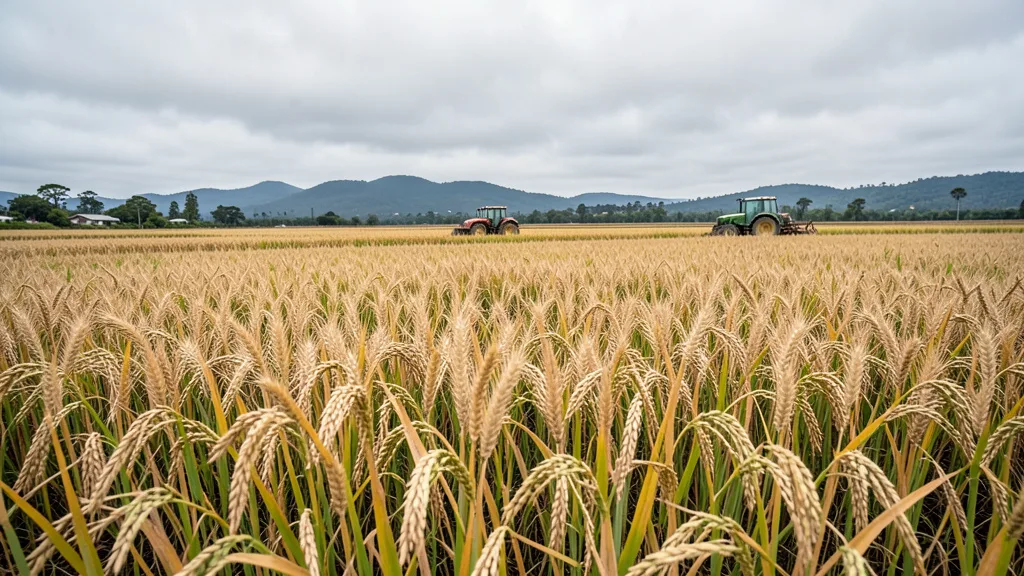 Imagem gerada por IA: Lavoura de trigo e arroz no Rio Grande do Sul, com um trator trabalhando ao fundo.
