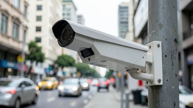 Imagem gerada por IA: Câmera de segurança municipal instalada em uma rua de São Paulo.