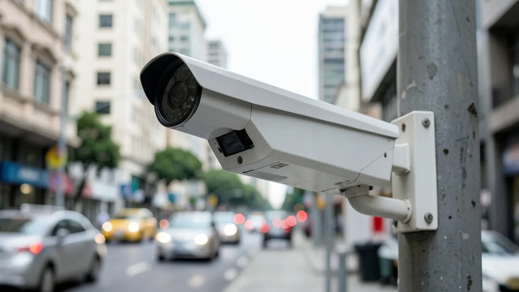 Imagem gerada por IA: Câmera de segurança municipal instalada em uma rua de São Paulo.