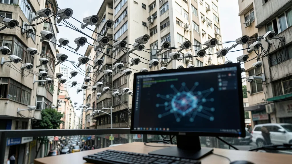 Imagem gerada por IA: Câmeras de vigilância urbana e um computador com interface de segurança desfocada.
