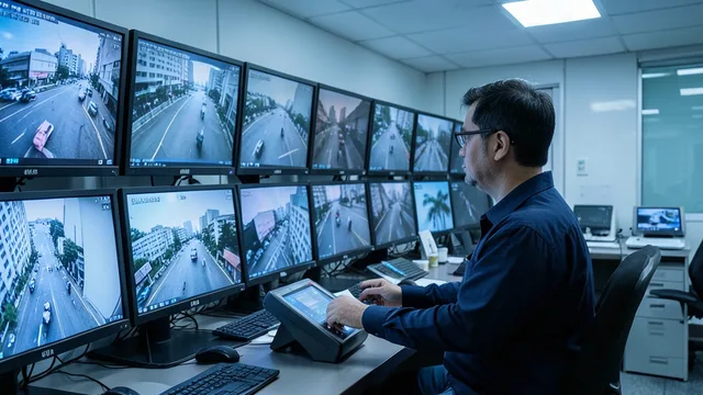 Imagem gerada por IA: Sala de monitoramento com telas de câmeras urbanas e terminal de acesso biométrico.