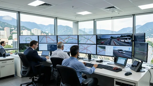 Funcionários acompanham telas de monitoramento do transporte público em uma central de operações.