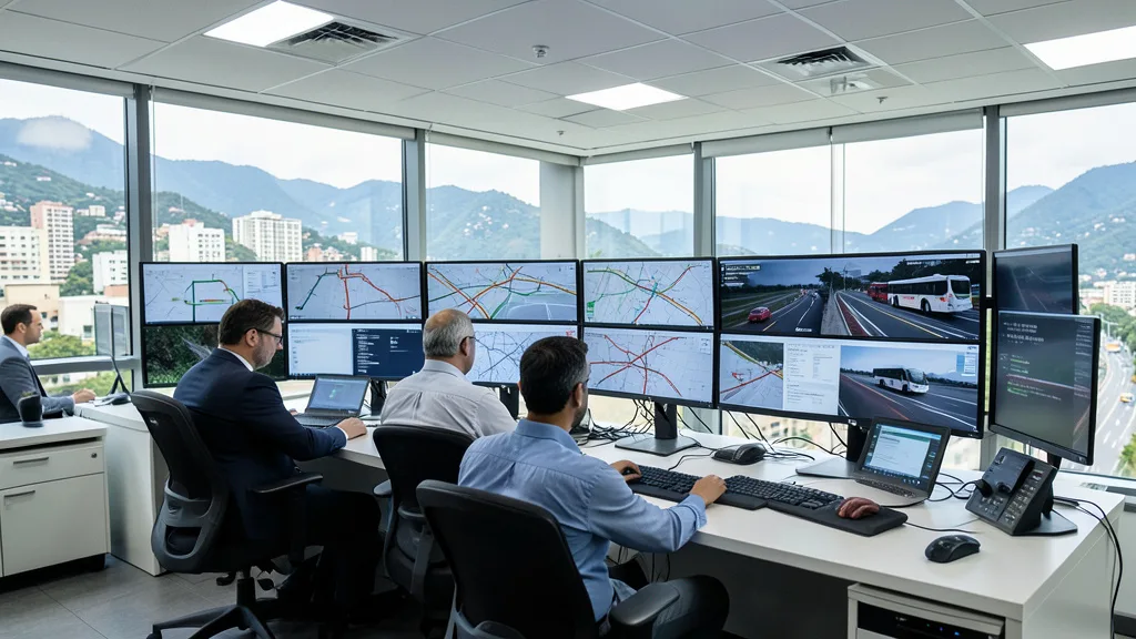 Funcionários acompanham telas de monitoramento do transporte público em uma central de operações.