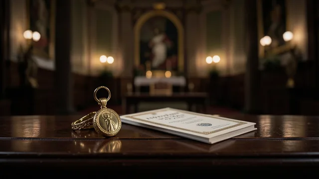 Medalha dourada e diploma sobre uma mesa, com um salão cerimonial desfocado ao fundo.