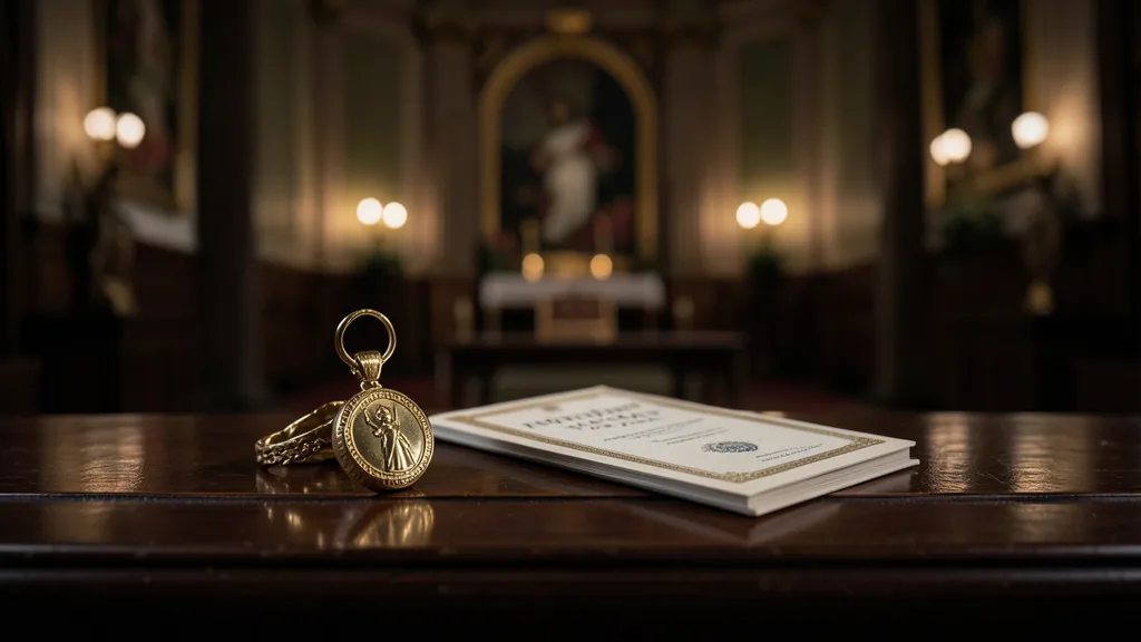 Medalha dourada e diploma sobre uma mesa, com um salão cerimonial desfocado ao fundo.