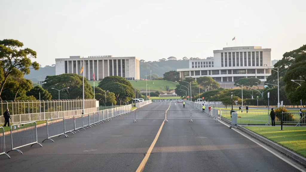 Imagem gerada por IA: Preparativos para uma cerimônia oficial na Esplanada dos Ministérios, em Brasília.
