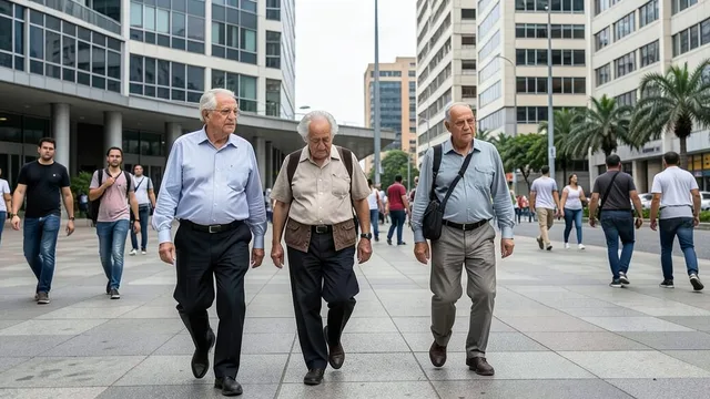 Imagem gerada por IA: Idosos e trabalhadores circulam por uma praça urbana.