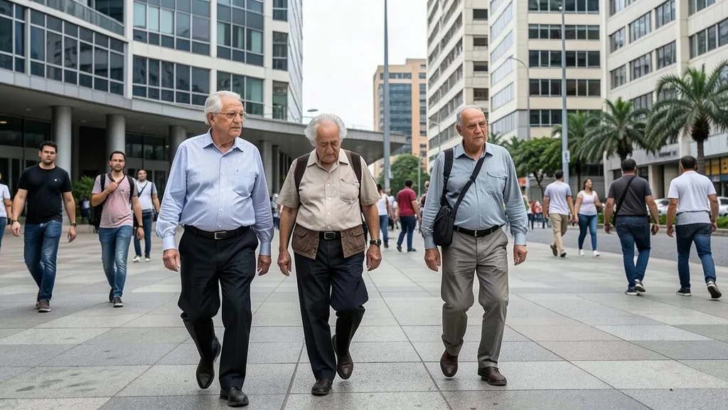 Imagem gerada por IA: Idosos e trabalhadores circulam por uma praça urbana.