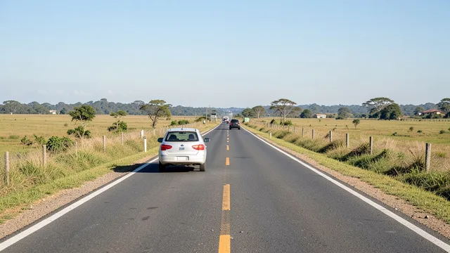 Imagem gerada por IA: Carro segue caminhão em rodovia rural de pista simples, com veículos no sentido contrário ao longe.