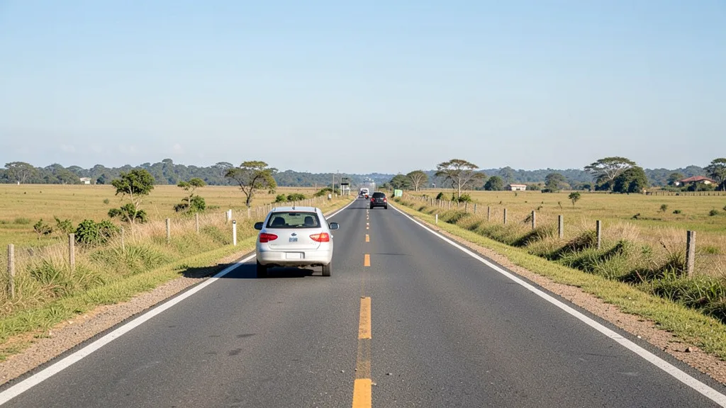 Imagem gerada por IA: Carro segue caminhão em rodovia rural de pista simples, com veículos no sentido contrário ao longe.