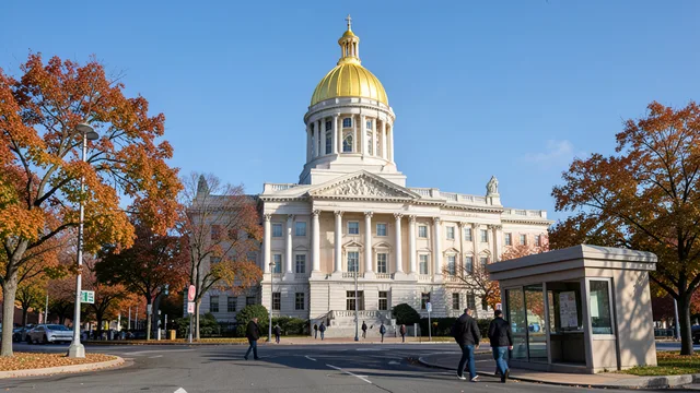 Imagem gerada por IA: Prédio da Assembleia Legislativa de Massachusetts em Boston, sob céu claro de outono.