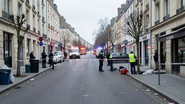 Imagem gerada por IA: Rua isolada em um subúrbio de Paris após um ataque, com veículos de emergência ao fundo.