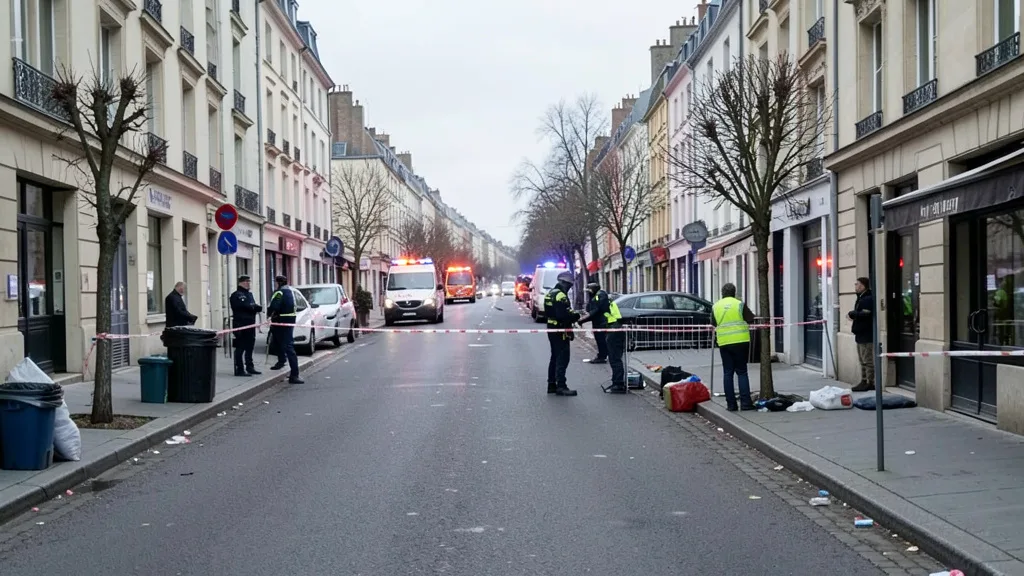Imagem gerada por IA: Rua isolada em um subúrbio de Paris após um ataque, com veículos de emergência ao fundo.
